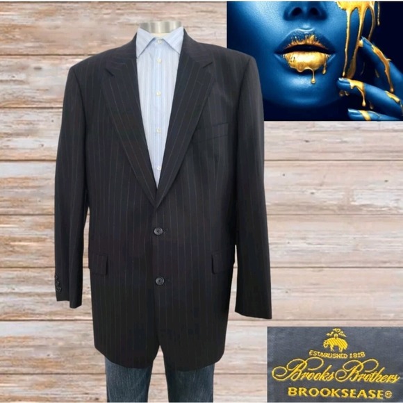 Brooks Brothers Wool Blazer Sport Coat Black‎ Striped Sz 44L